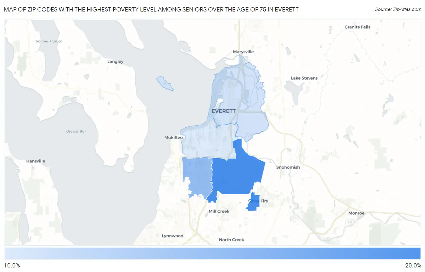 Zip Codes with the Highest Poverty Level Among Seniors Over the Age of 75 in Everett Map