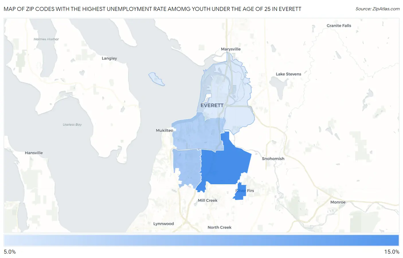 Zip Codes with the Highest Unemployment Rate Amomg Youth Under the Age of 25 in Everett Map