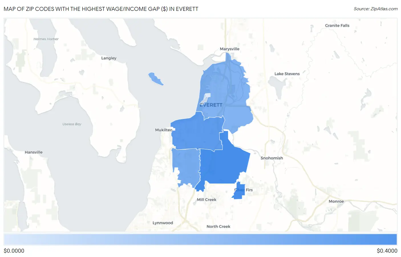 Zip Codes with the Highest Wage/Income Gap ($) in Everett Map