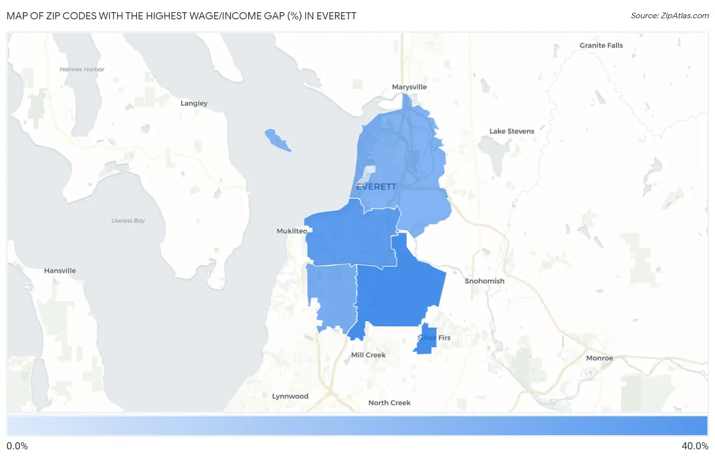 Zip Codes with the Highest Wage/Income Gap (%) in Everett Map