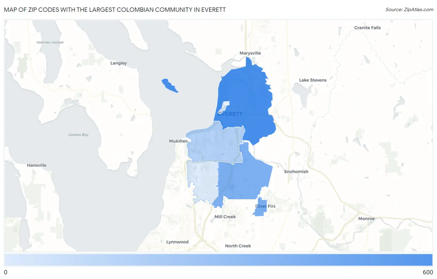 Zip Codes with the Largest Colombian Community in Everett Map