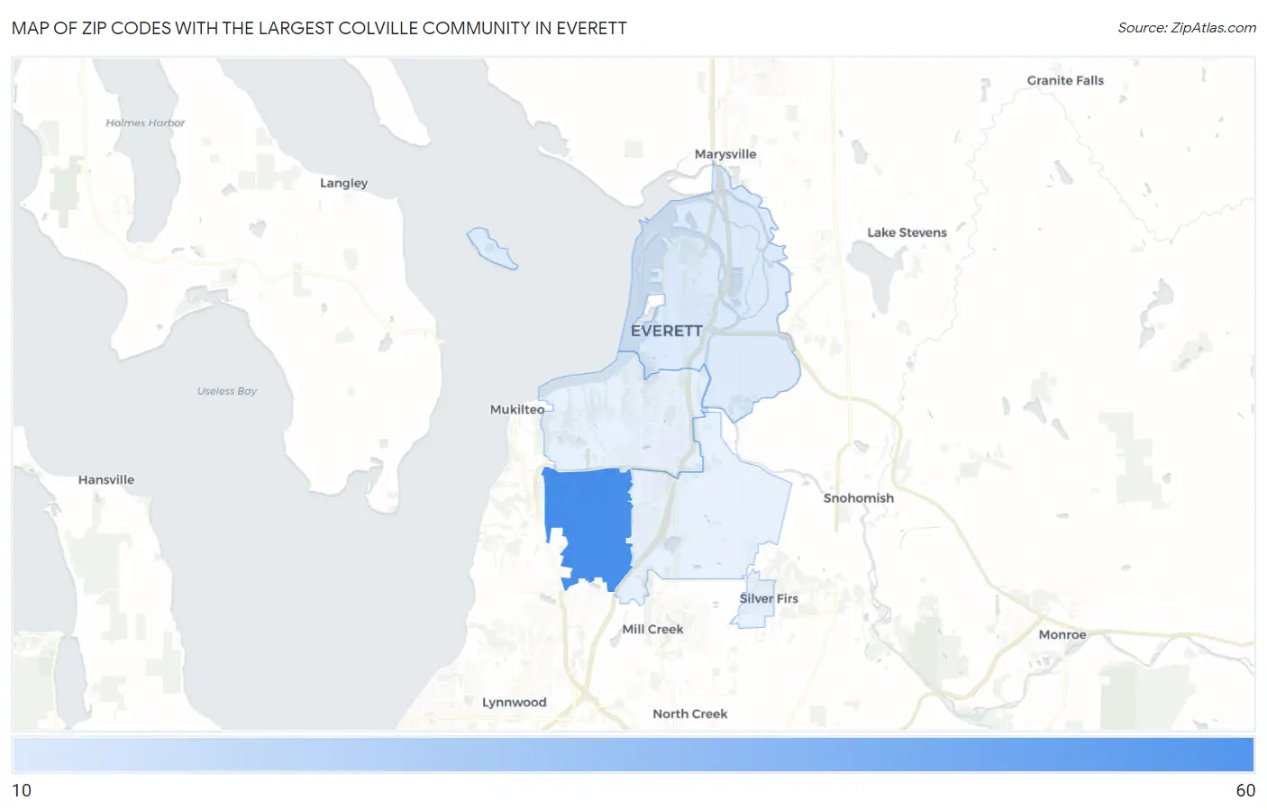 Zip Codes with the Largest Colville Community in Everett Map