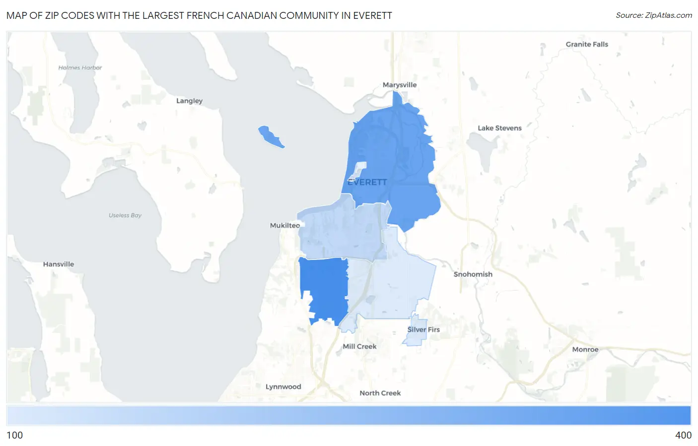 Zip Codes with the Largest French Canadian Community in Everett Map