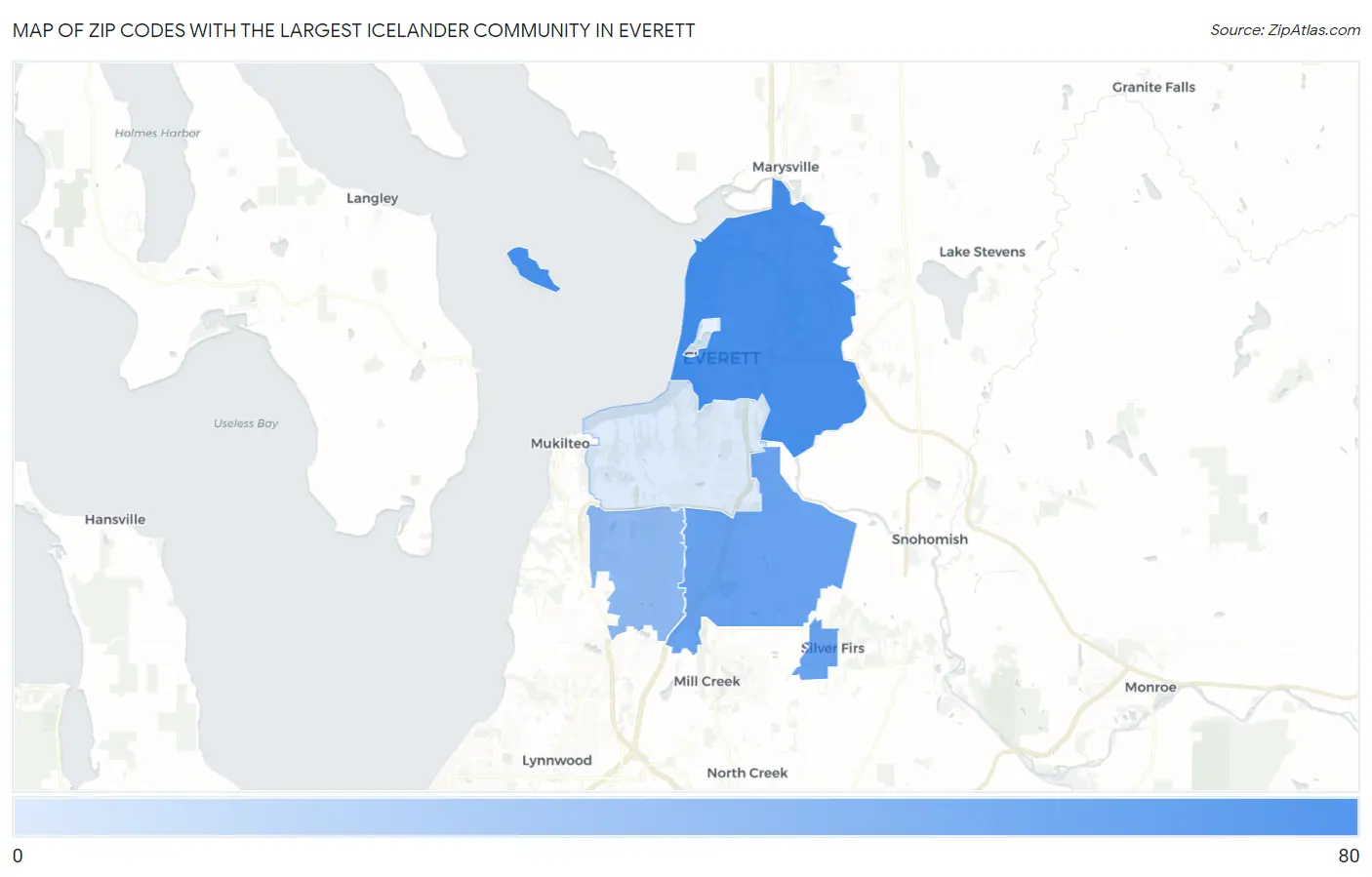 Zip Codes with the Largest Icelander Community in Everett Map