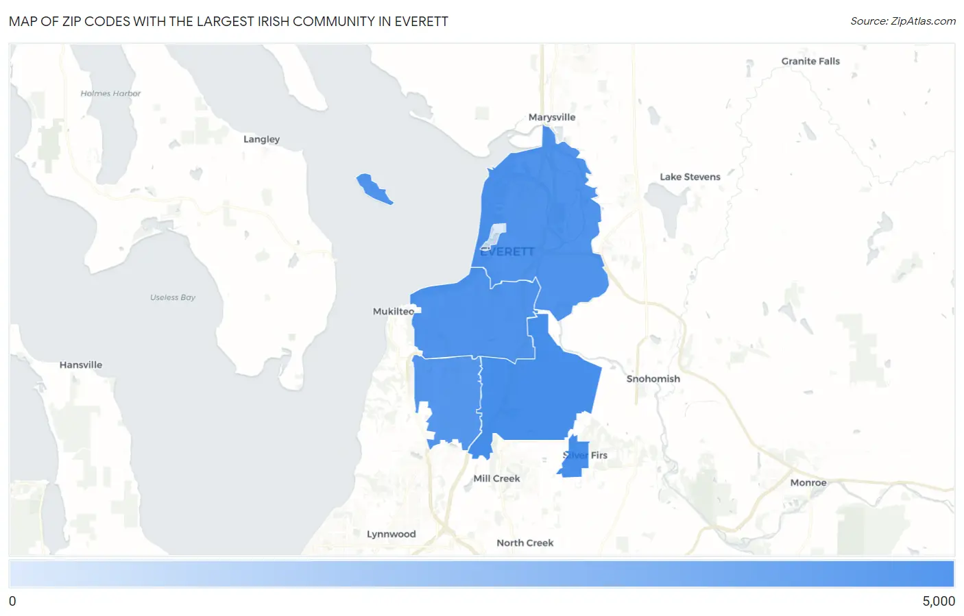 Zip Codes with the Largest Irish Community in Everett Map