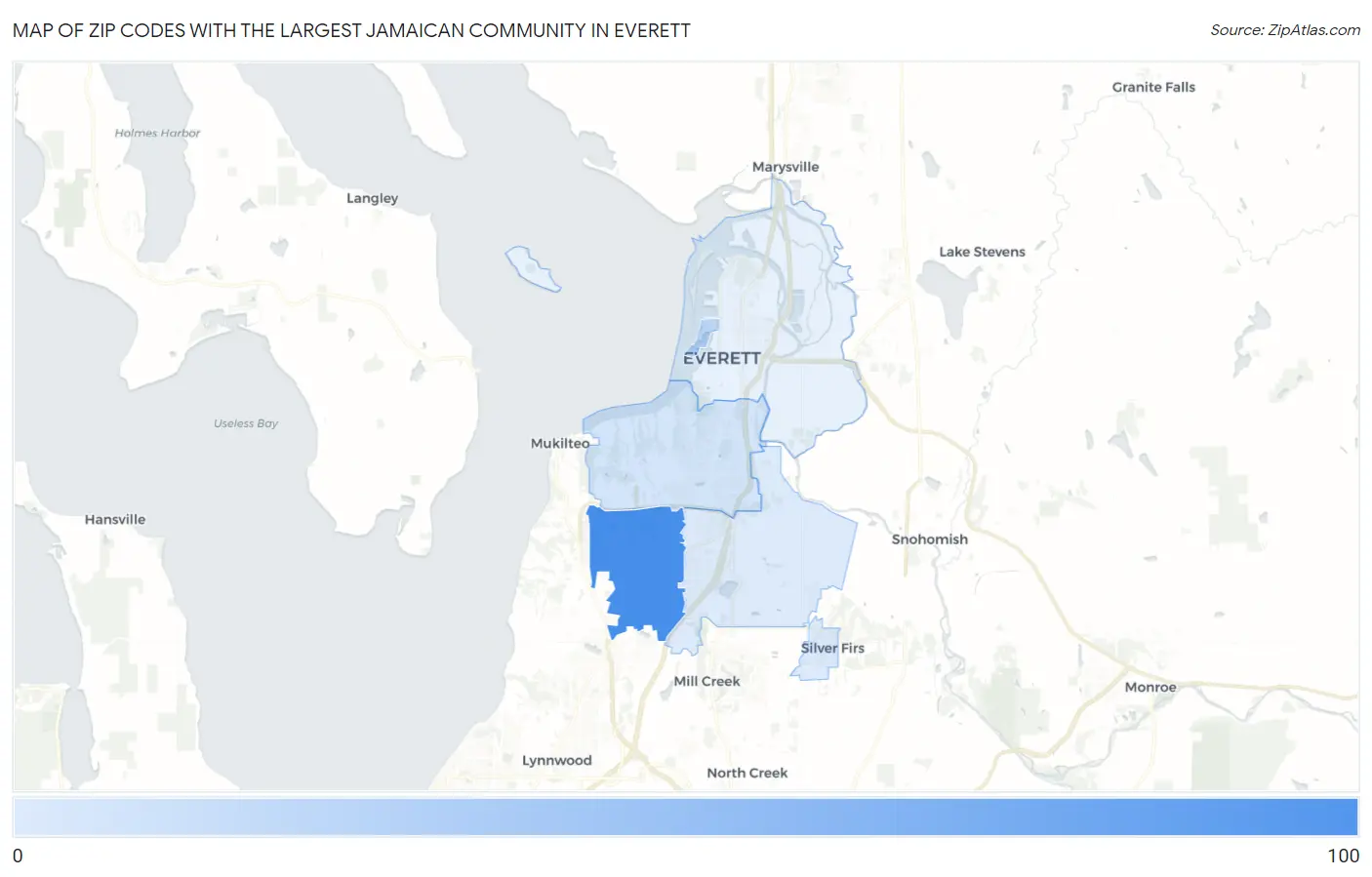 Zip Codes with the Largest Jamaican Community in Everett Map