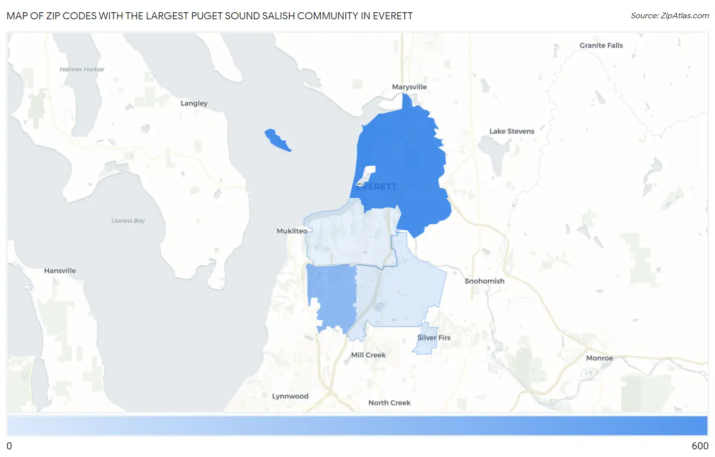 Zip Codes with the Largest Puget Sound Salish Community in Everett Map