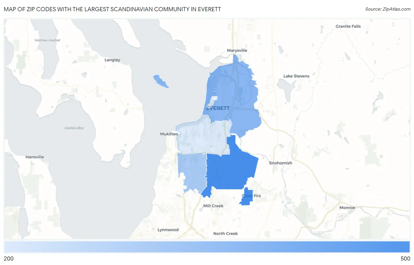 Zip Codes with the Largest Scandinavian Community in Everett Map
