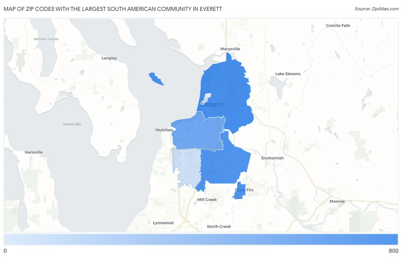 Zip Codes with the Largest South American Community in Everett Map