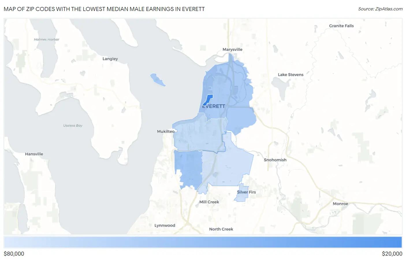 Zip Codes with the Lowest Median Male Earnings in Everett Map