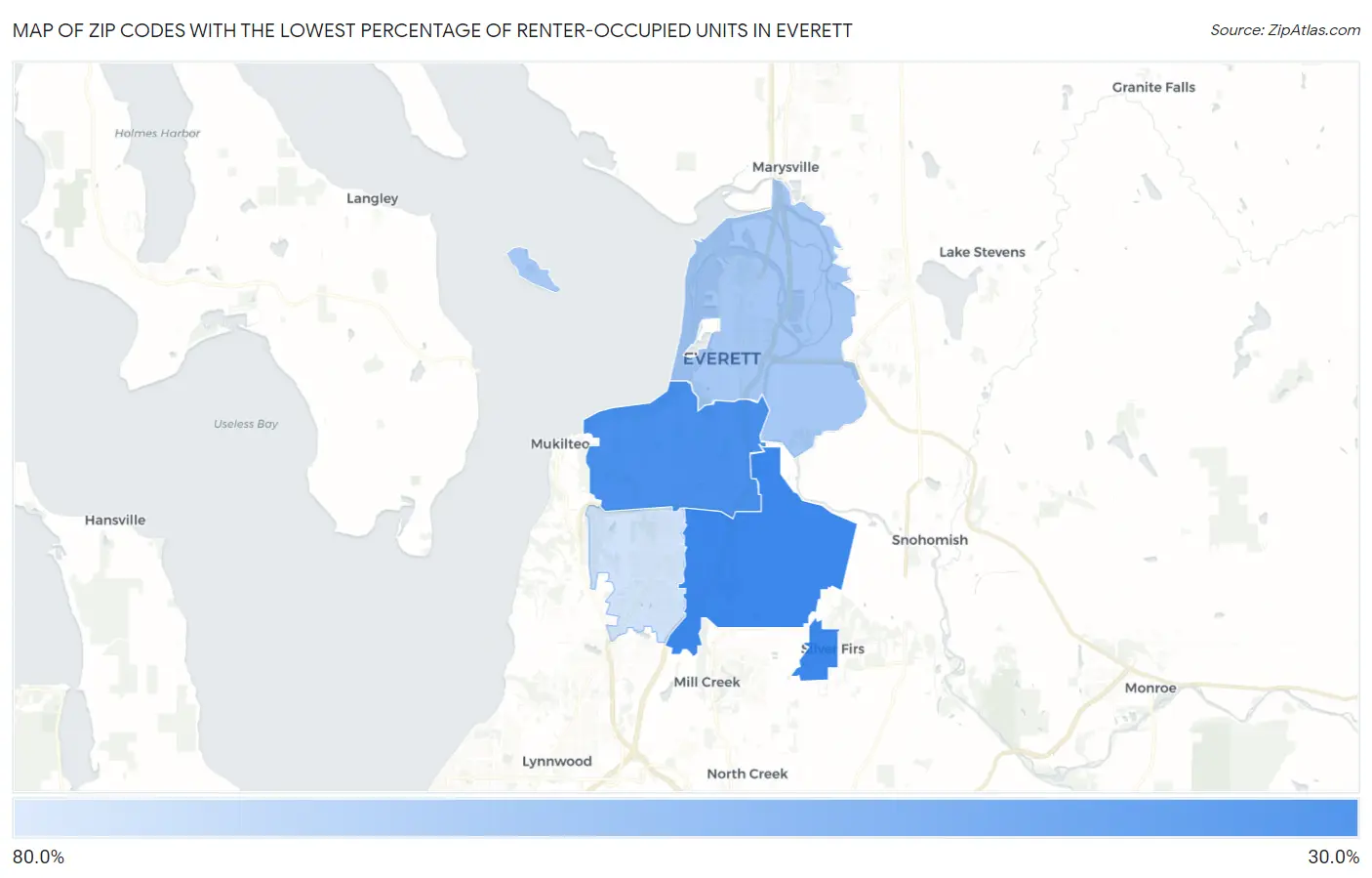Zip Codes with the Lowest Percentage of Renter-Occupied Units in Everett Map