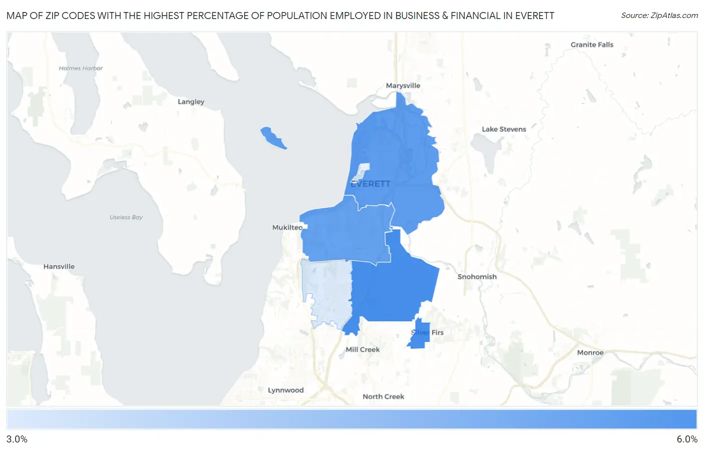 Zip Codes with the Highest Percentage of Population Employed in Business & Financial in Everett Map