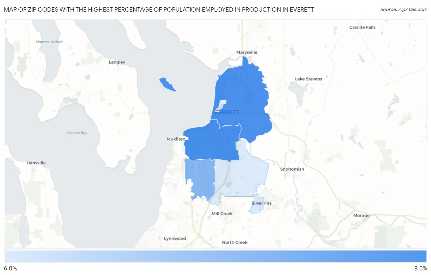 Zip Codes with the Highest Percentage of Population Employed in Production in Everett Map