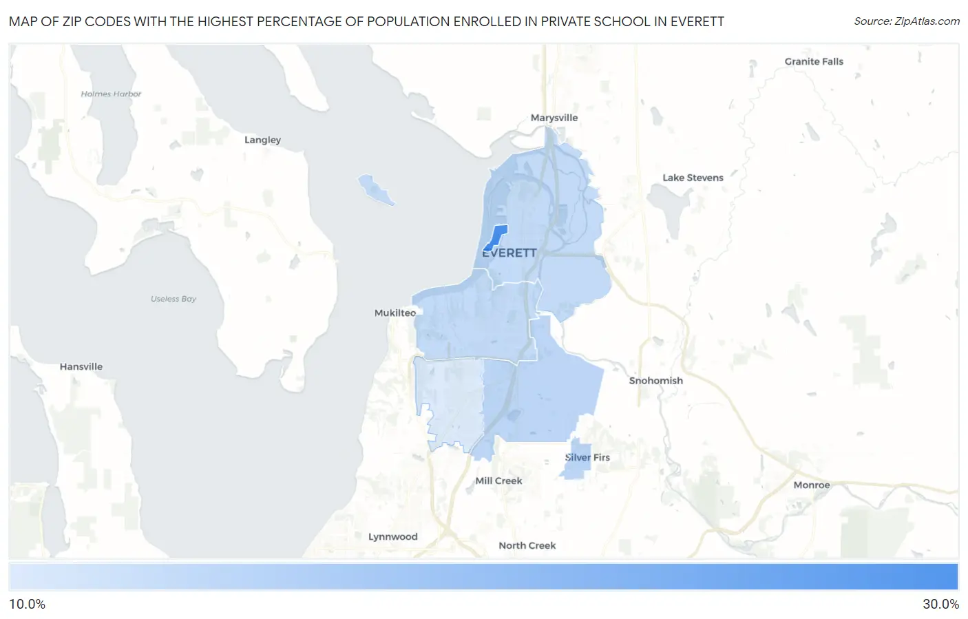 Zip Codes with the Highest Percentage of Population Enrolled in Private School in Everett Map