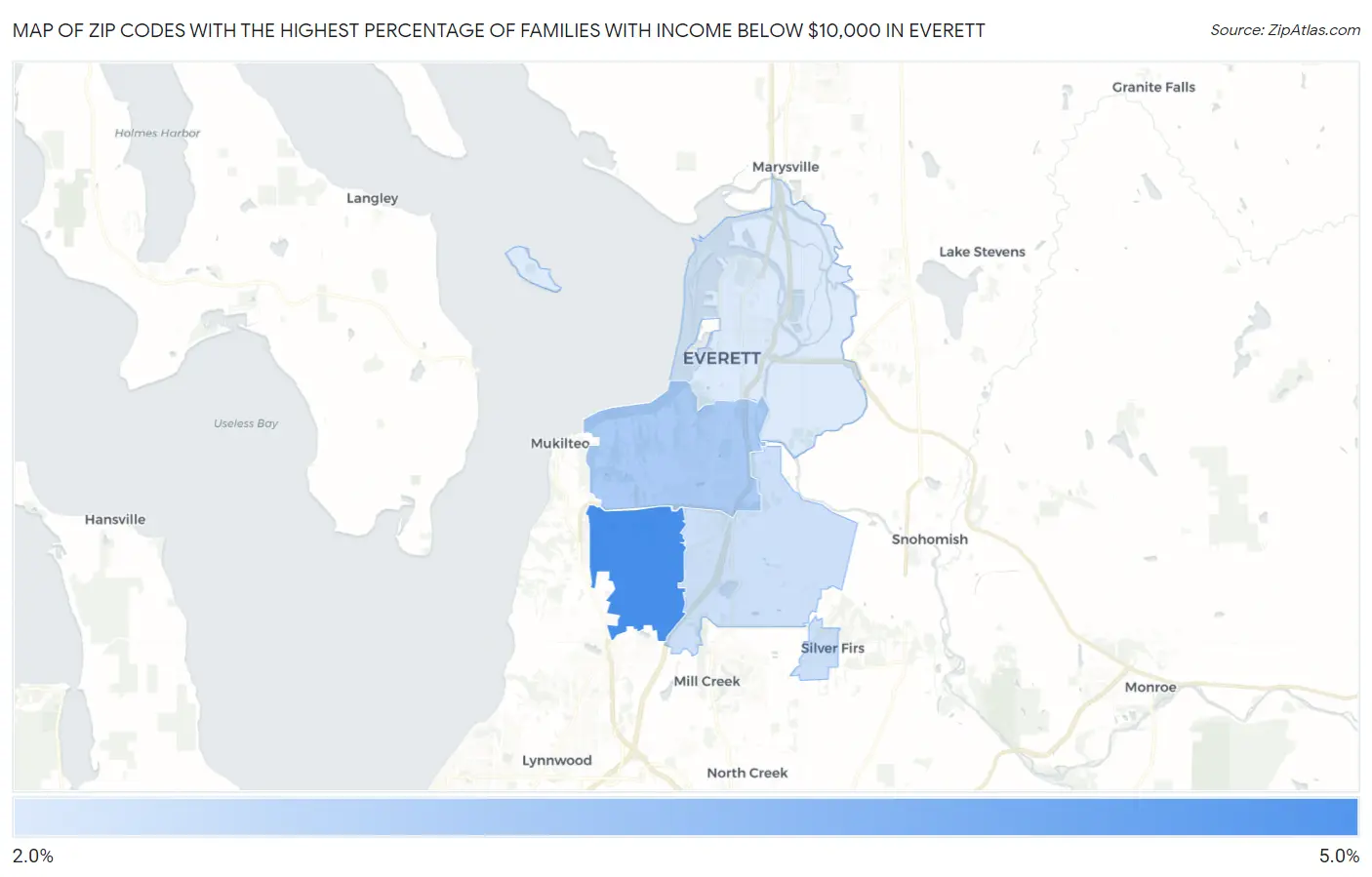 Zip Codes with the Highest Percentage of Families with Income Below $10,000 in Everett Map