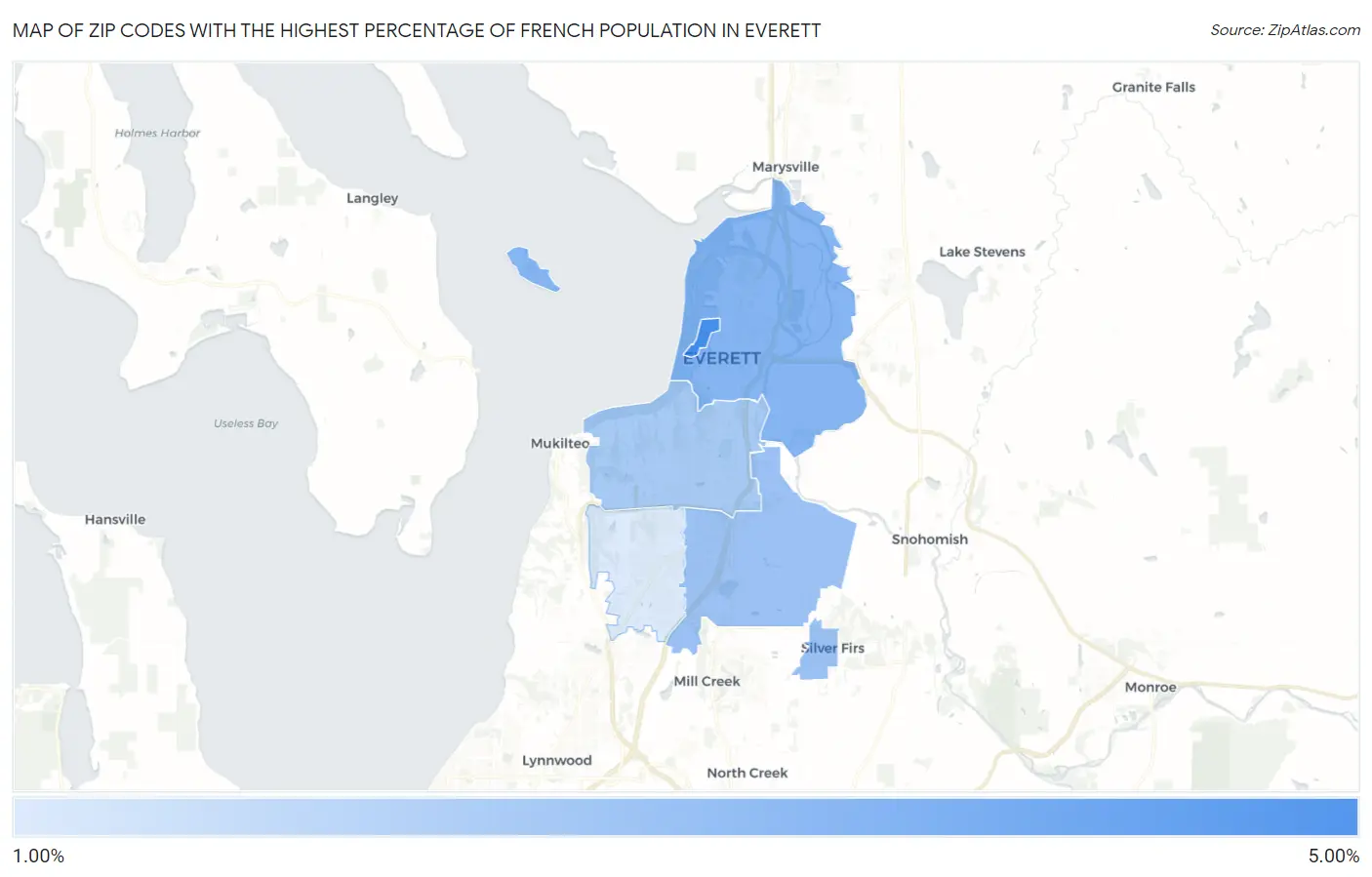 Zip Codes with the Highest Percentage of French Population in Everett Map