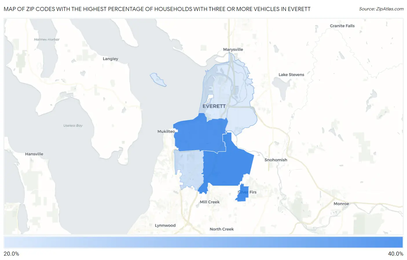 Zip Codes with the Highest Percentage of Households With Three or more Vehicles in Everett Map