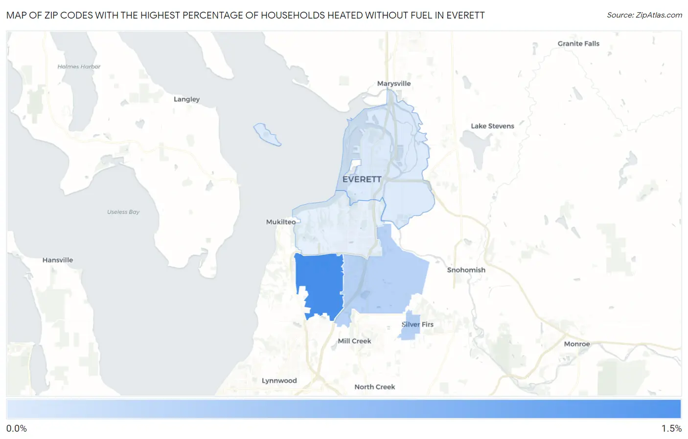 Zip Codes with the Highest Percentage of Households Heated without Fuel in Everett Map