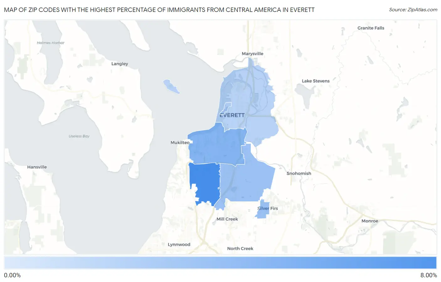 Zip Codes with the Highest Percentage of Immigrants from Central America in Everett Map