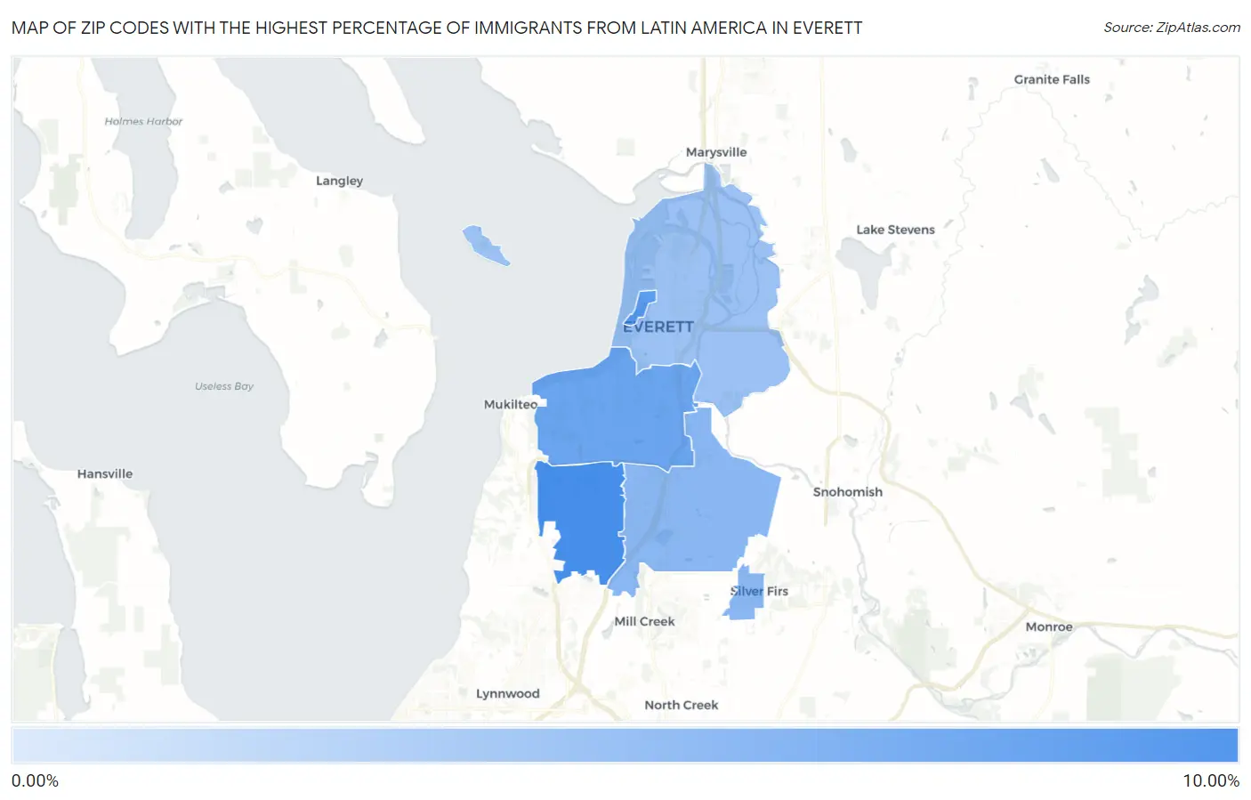Zip Codes with the Highest Percentage of Immigrants from Latin America in Everett Map