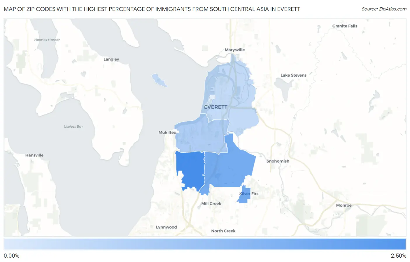 Zip Codes with the Highest Percentage of Immigrants from South Central Asia in Everett Map