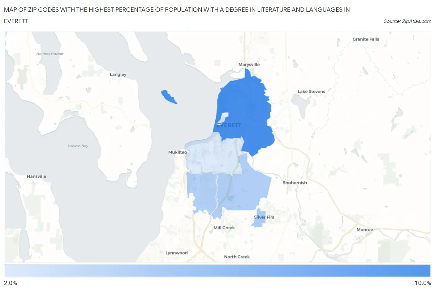 Zip Codes with the Highest Percentage of Population with a Degree in Literature and Languages in Everett Map