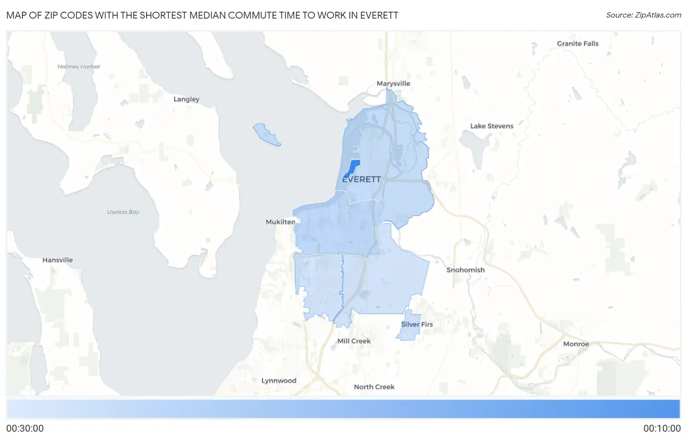 Zip Codes with the Shortest Median Commute Time to Work in Everett Map