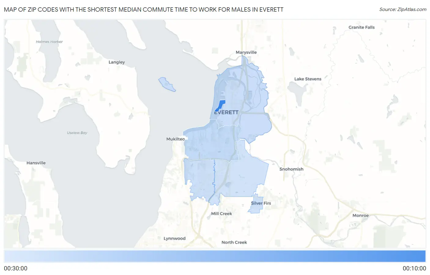 Zip Codes with the Shortest Median Commute Time to Work for Males in Everett Map