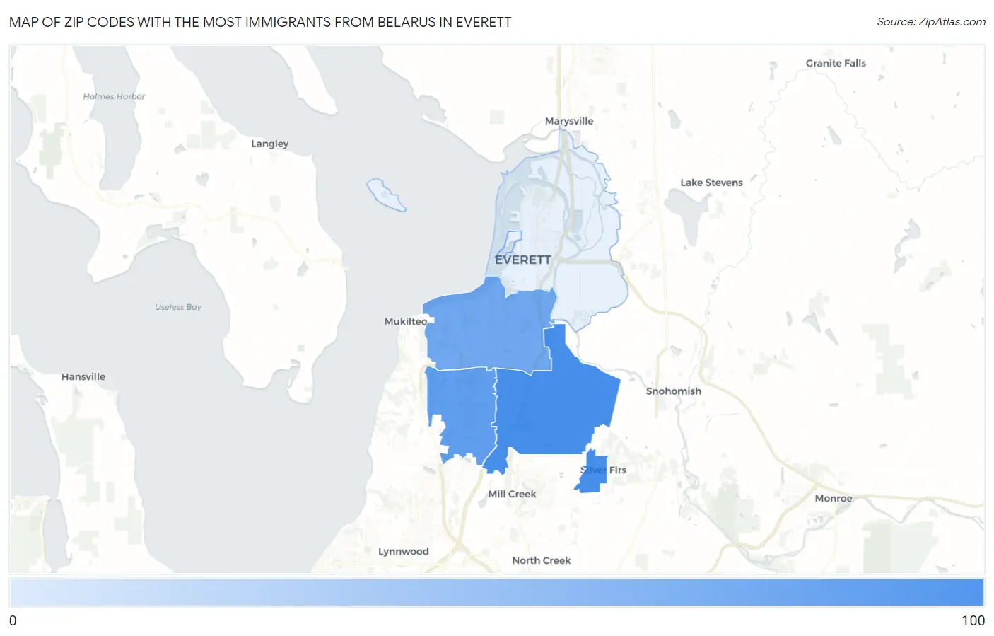 Zip Codes with the Most Immigrants from Belarus in Everett Map