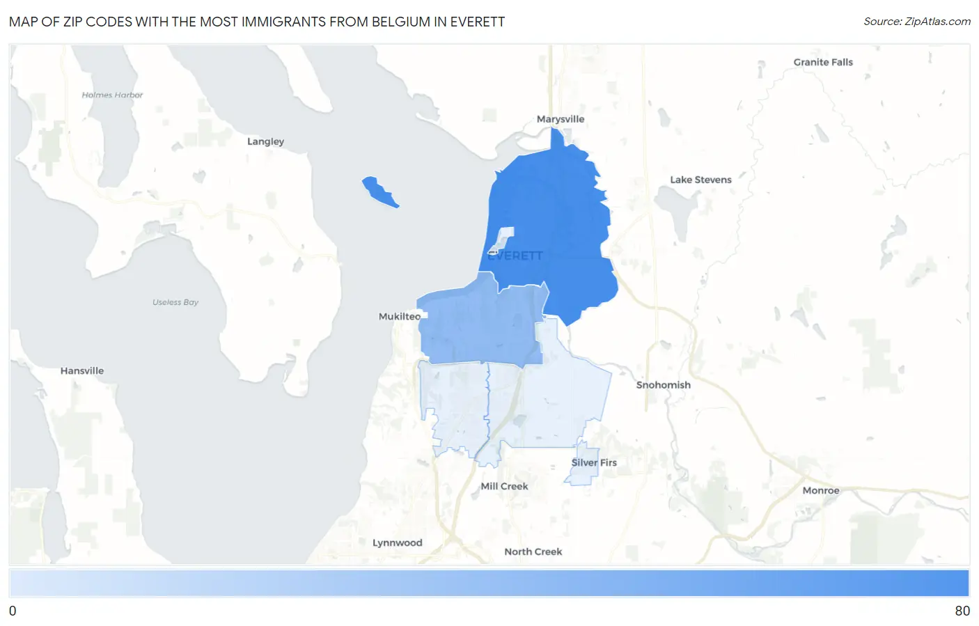 Zip Codes with the Most Immigrants from Belgium in Everett Map