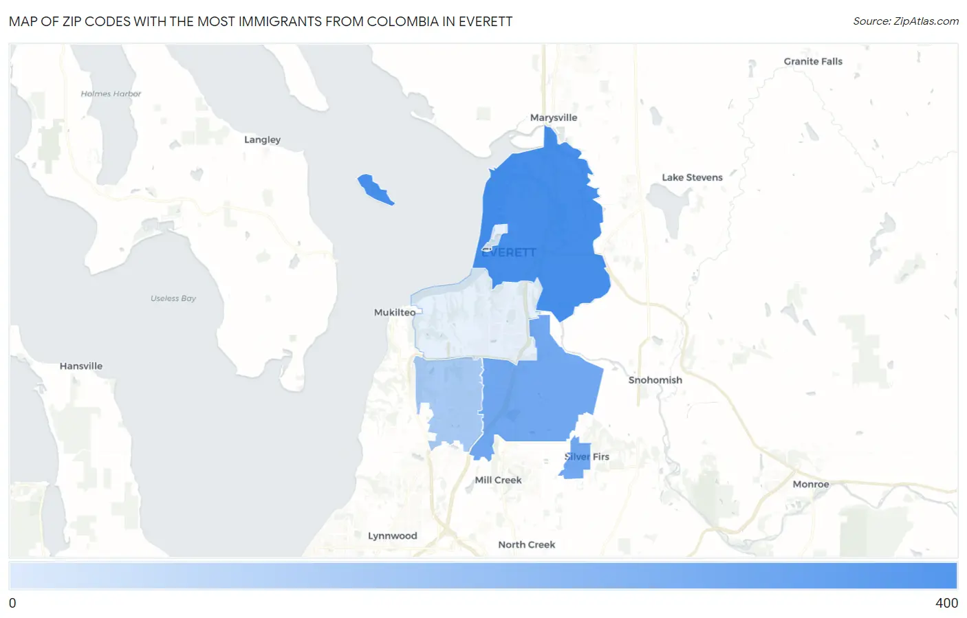 Zip Codes with the Most Immigrants from Colombia in Everett Map