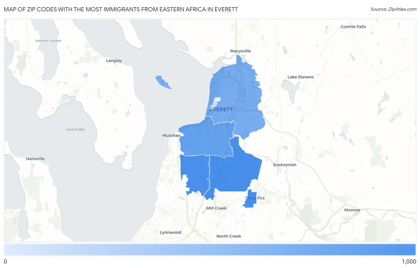 Zip Codes with the Most Immigrants from Eastern Africa in Everett Map