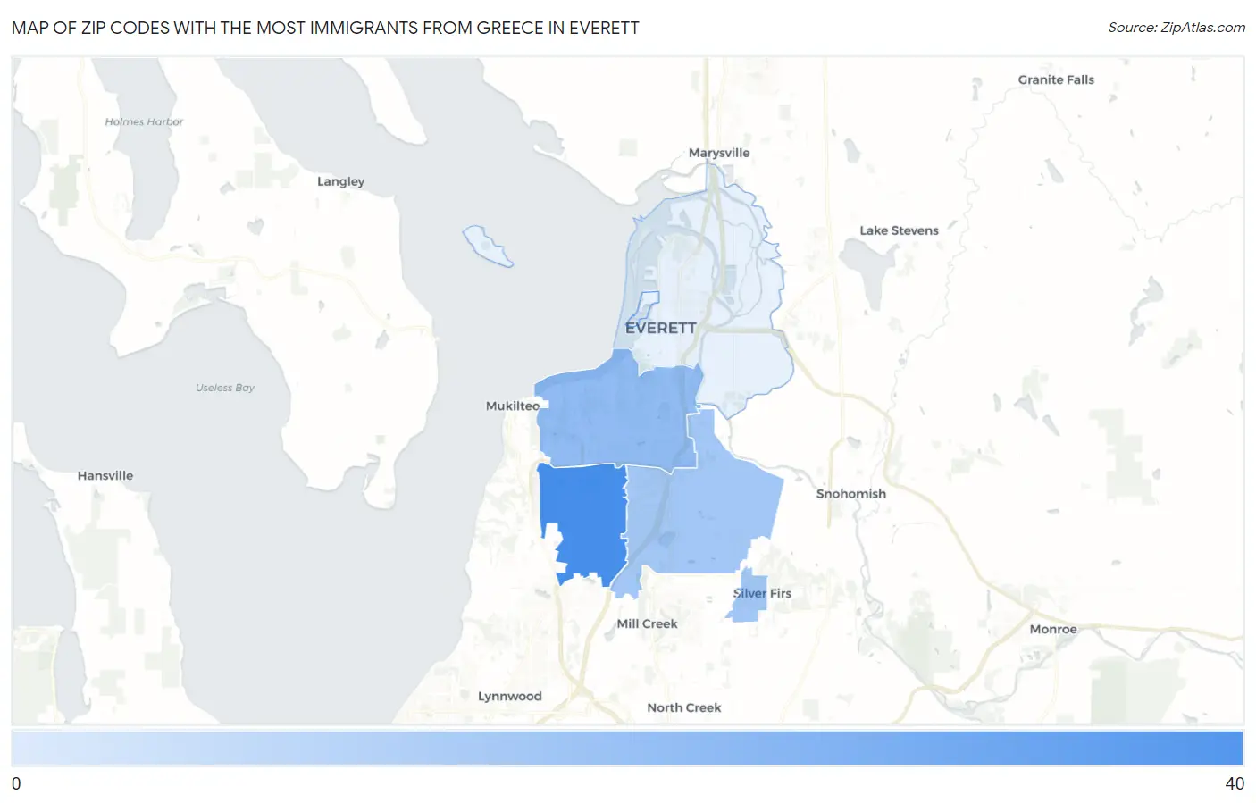 Zip Codes with the Most Immigrants from Greece in Everett Map