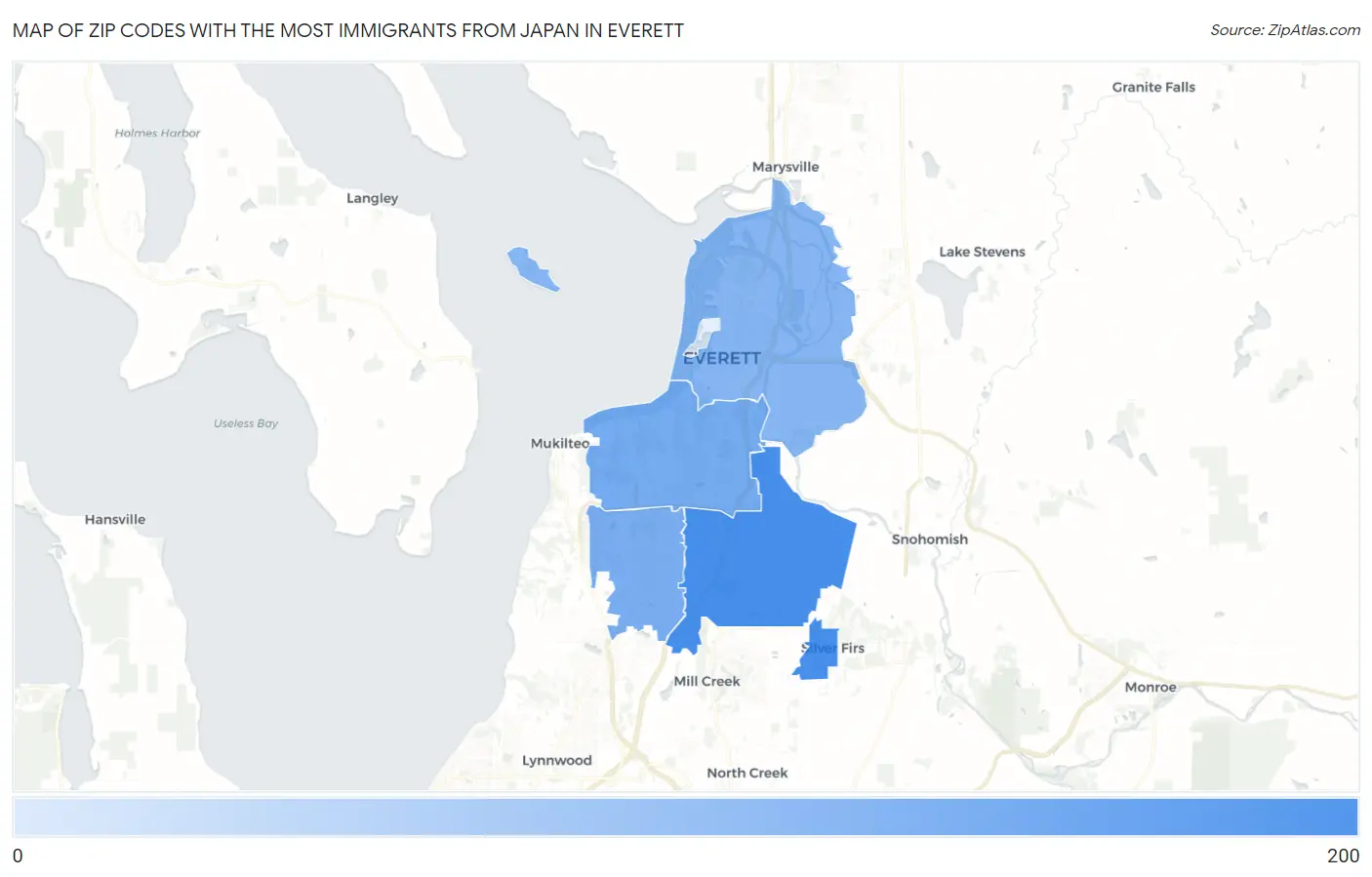 Zip Codes with the Most Immigrants from Japan in Everett Map