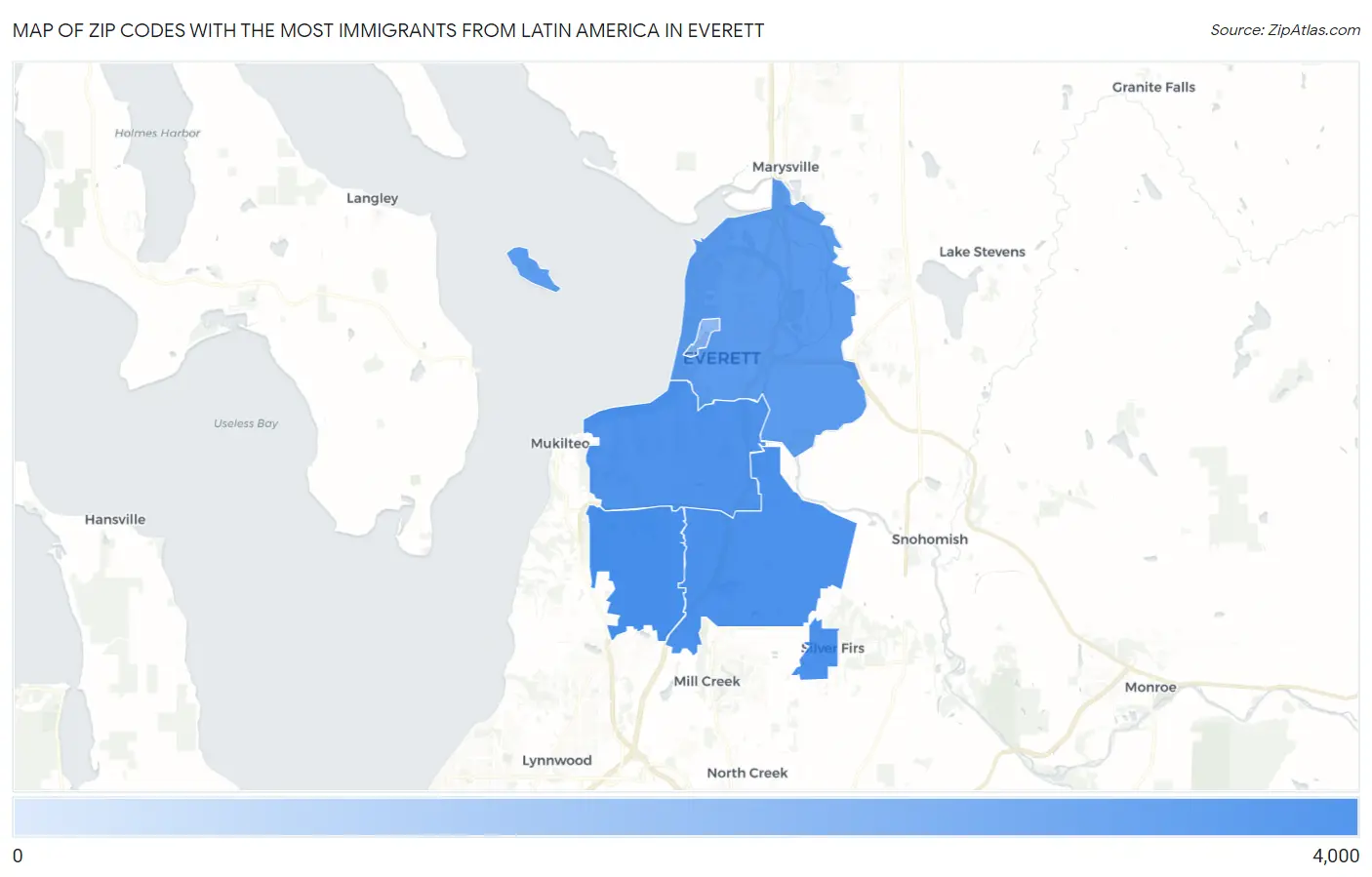 Zip Codes with the Most Immigrants from Latin America in Everett Map