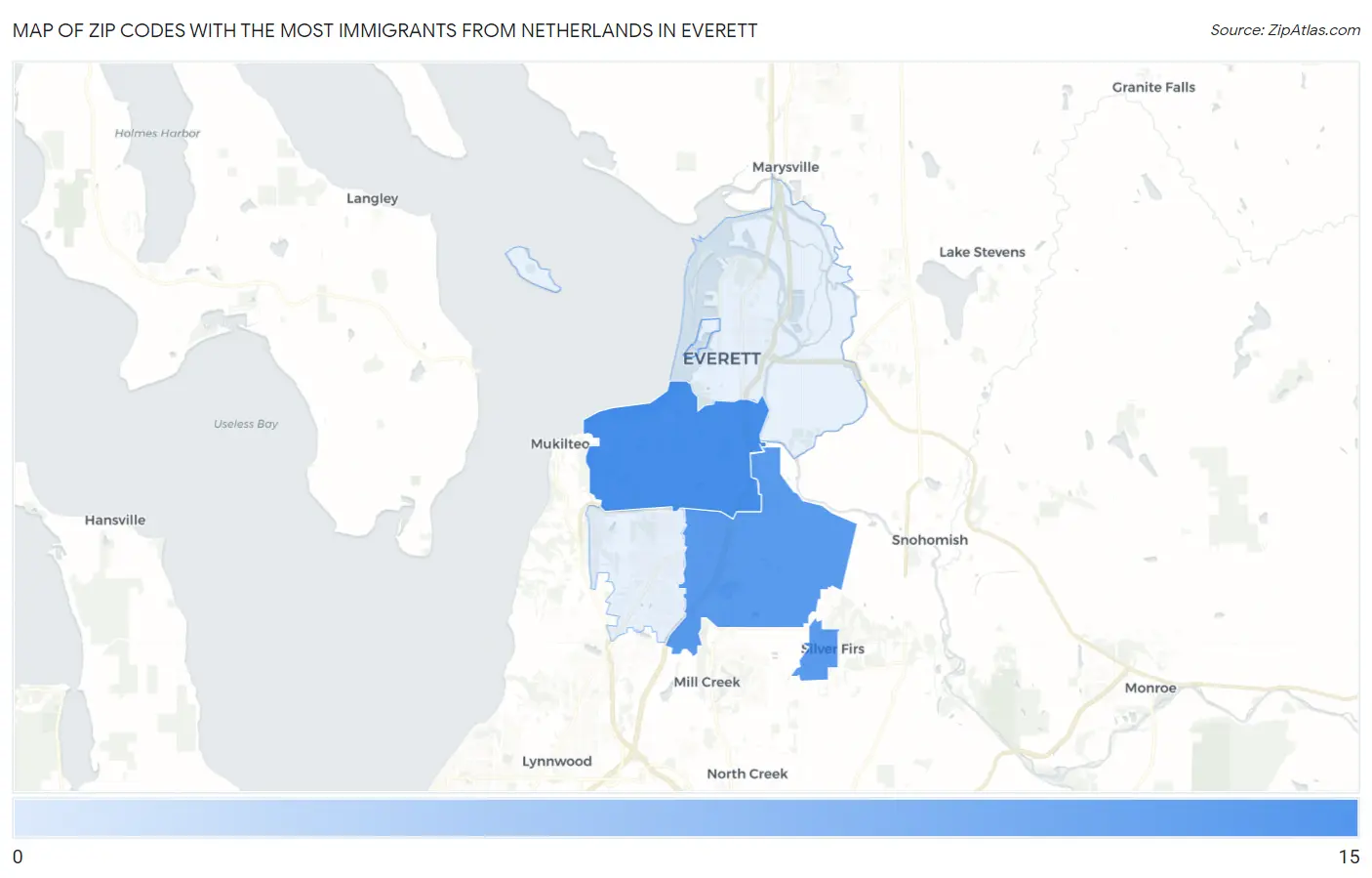 Zip Codes with the Most Immigrants from Netherlands in Everett Map