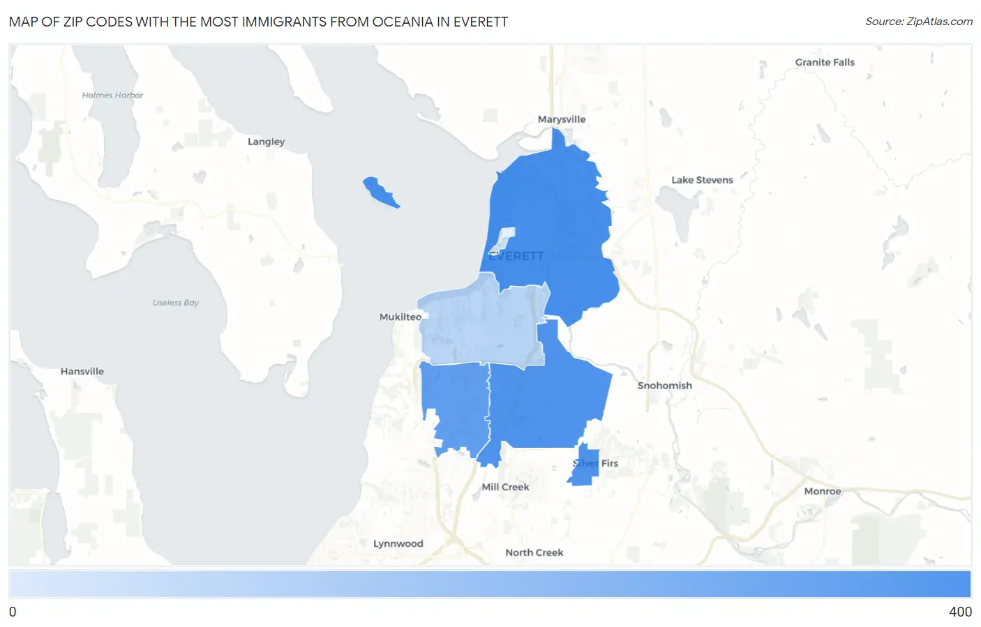Zip Codes with the Most Immigrants from Oceania in Everett Map