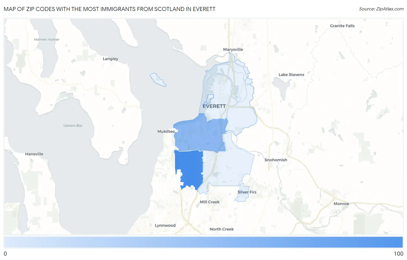 Zip Codes with the Most Immigrants from Scotland in Everett Map