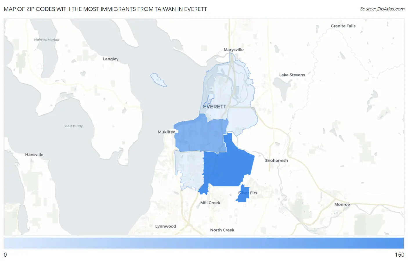 Zip Codes with the Most Immigrants from Taiwan in Everett Map