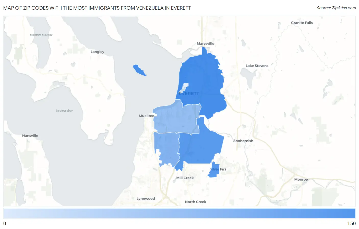 Zip Codes with the Most Immigrants from Venezuela in Everett Map