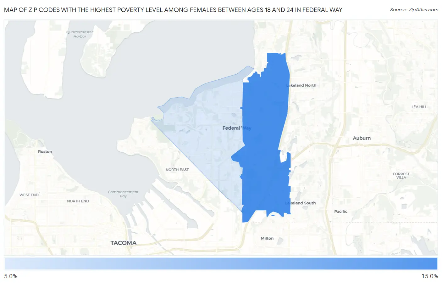 Zip Codes with the Highest Poverty Level Among Females Between Ages 18 and 24 in Federal Way Map