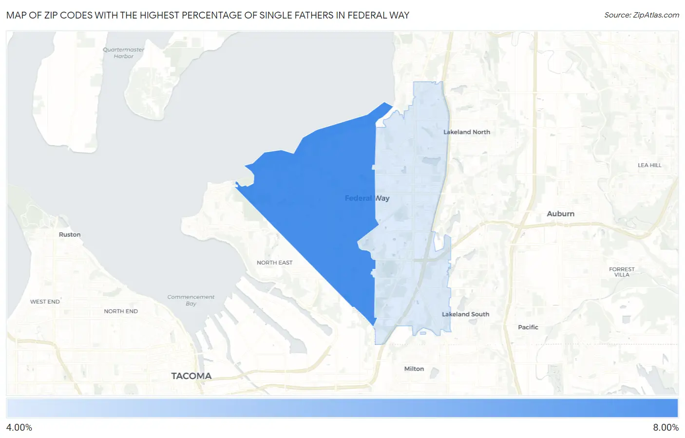 Zip Codes with the Highest Percentage of Single Fathers in Federal Way Map