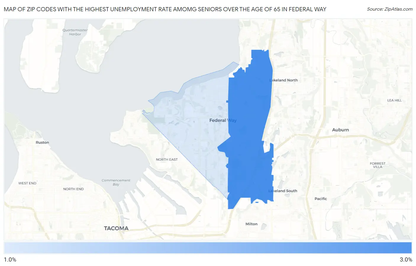 Zip Codes with the Highest Unemployment Rate Amomg Seniors Over the Age of 65 in Federal Way Map