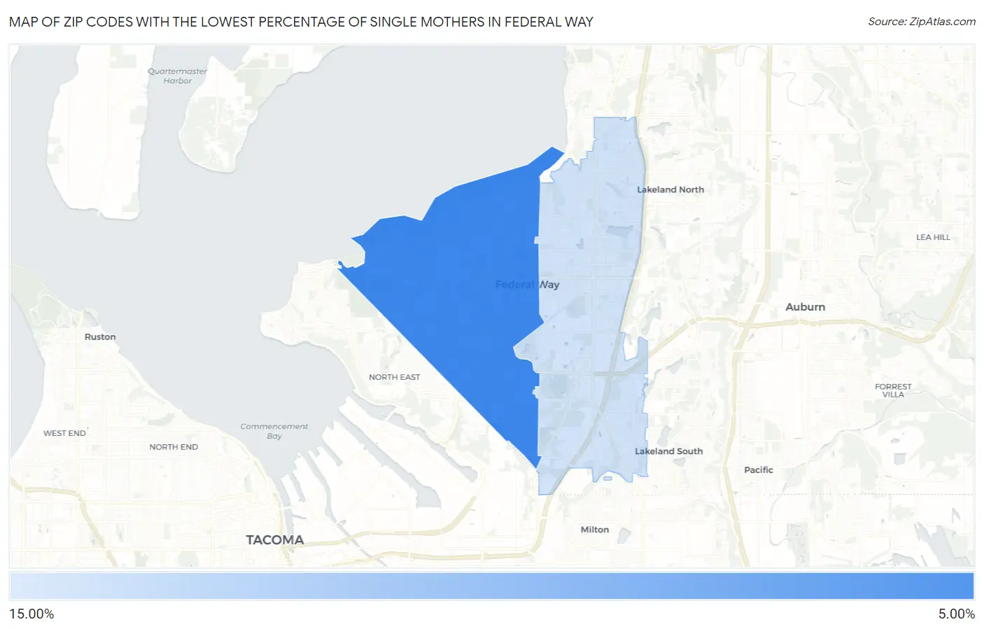Zip Codes with the Lowest Percentage of Single Mothers in Federal Way Map
