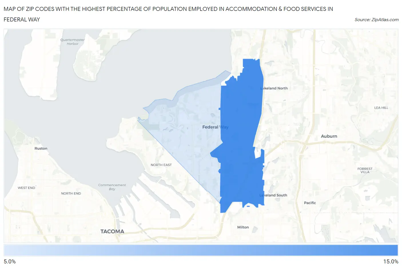 Zip Codes with the Highest Percentage of Population Employed in Accommodation & Food Services in Federal Way Map