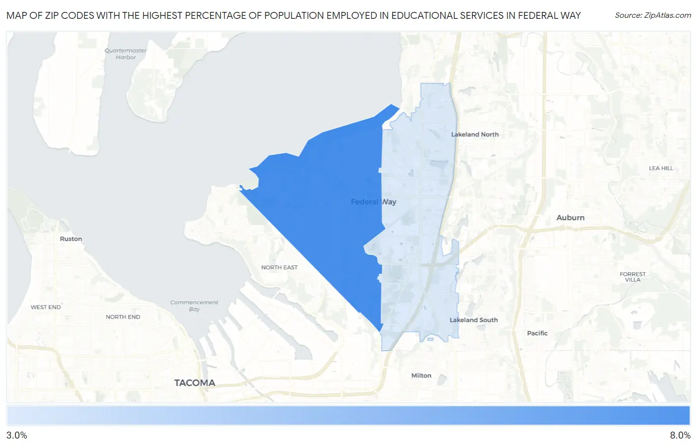 Zip Codes with the Highest Percentage of Population Employed in Educational Services in Federal Way Map