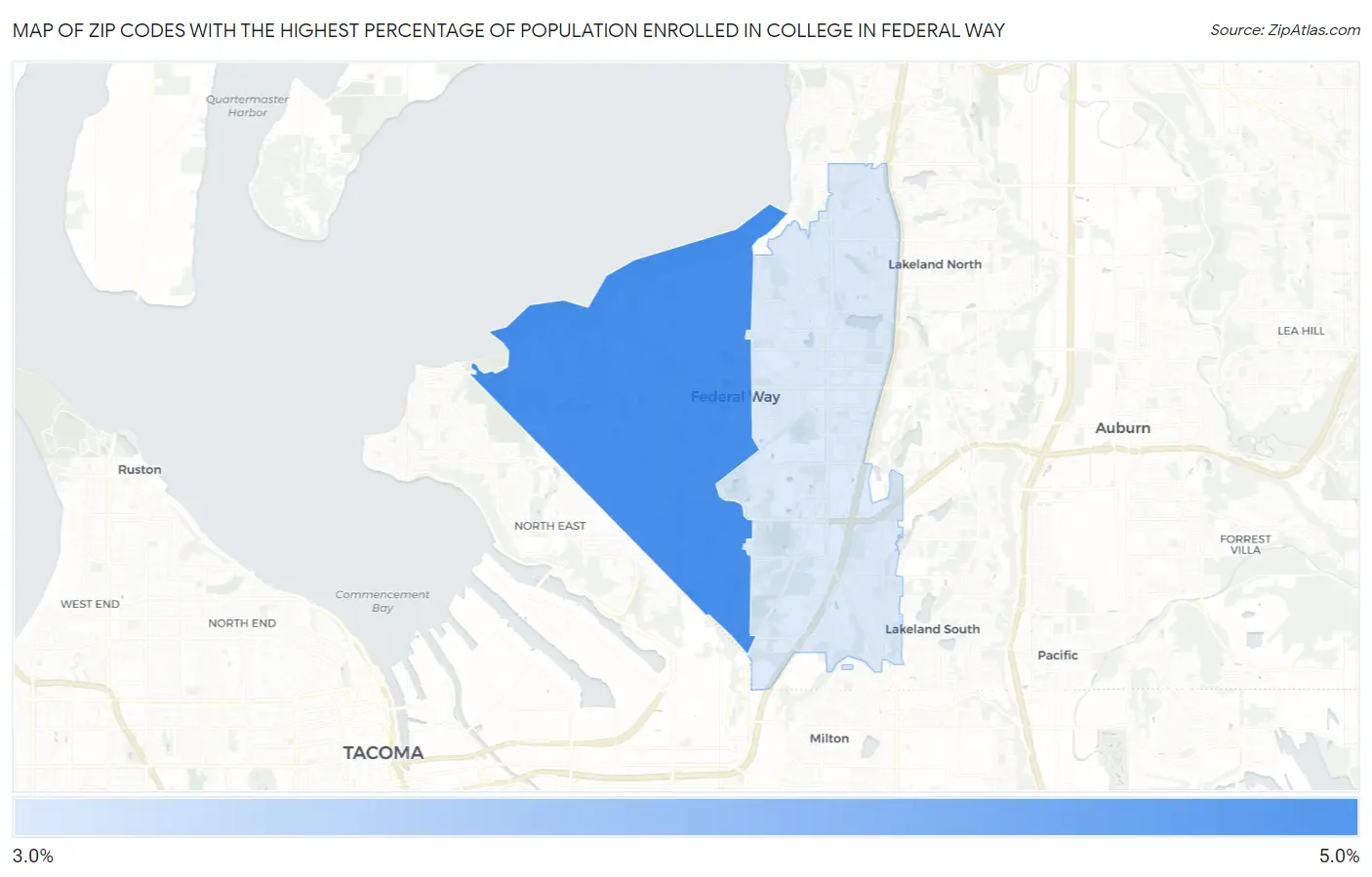 Zip Codes with the Highest Percentage of Population Enrolled in College in Federal Way Map