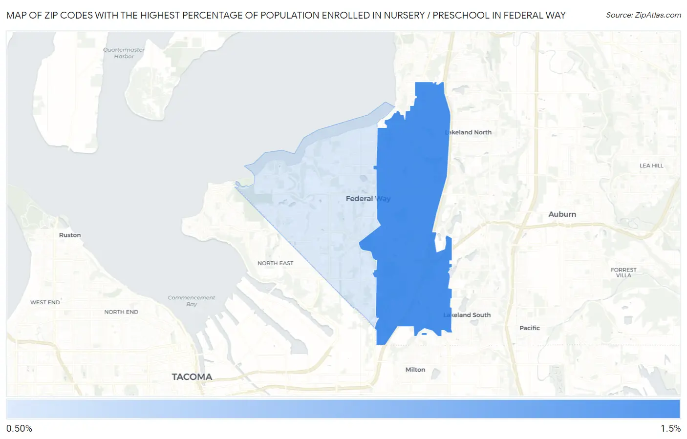 Zip Codes with the Highest Percentage of Population Enrolled in Nursery / Preschool in Federal Way Map