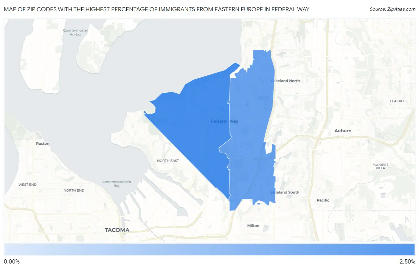 Zip Codes with the Highest Percentage of Immigrants from Eastern Europe in Federal Way Map