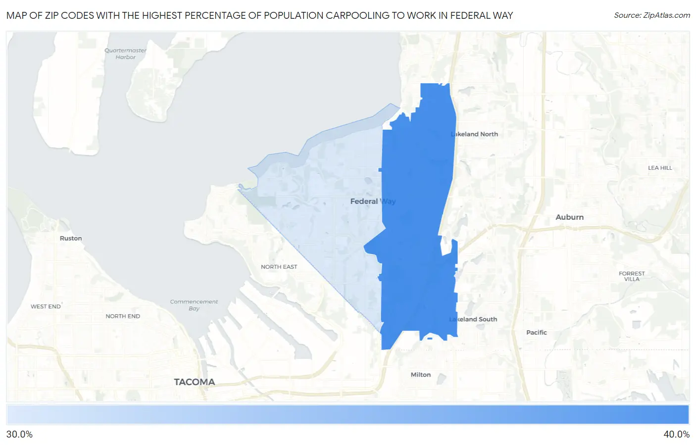 Zip Codes with the Highest Percentage of Population Carpooling to Work in Federal Way Map